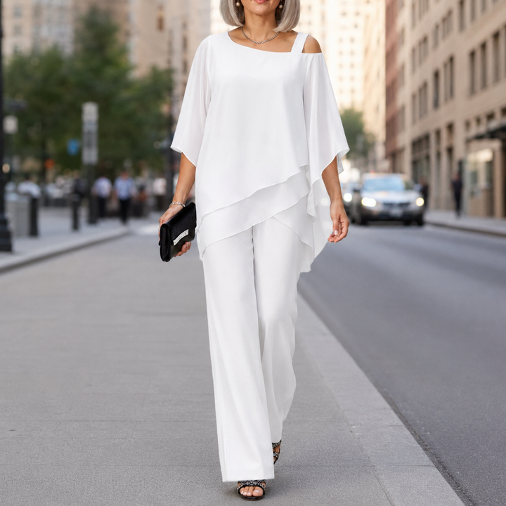 Linen Pantsuit Women with Overlay | Wide Leg and Draped Top in White#colour_white