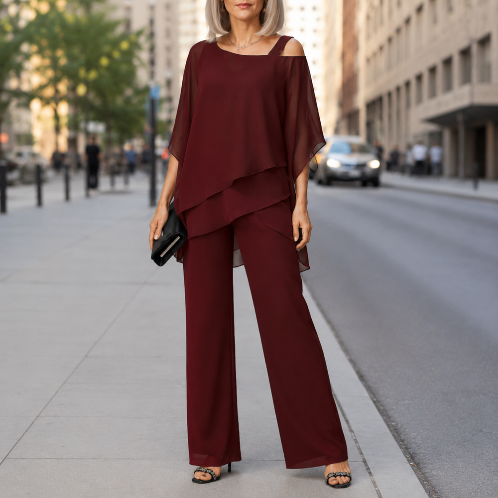 Linen Pantsuit Women with Overlay | Wide Leg and Draped Top in Burgundy#colour_burgundy