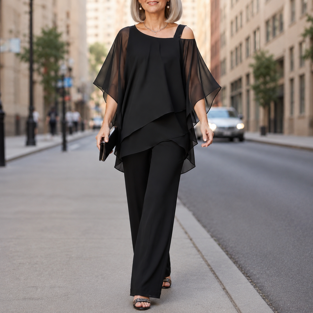 Linen Pantsuit Women with Overlay | Wide Leg and Draped Top in Black#colour_black