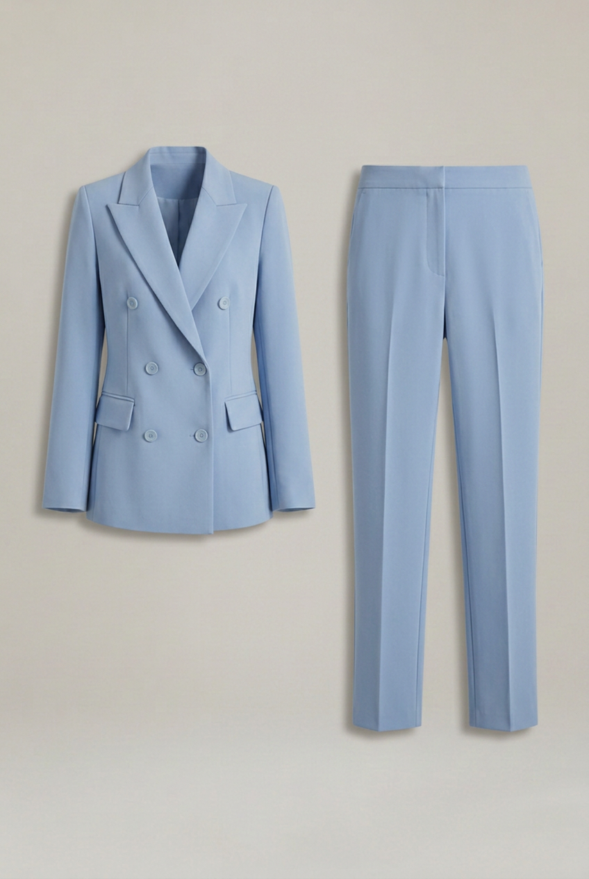 Linen Pantsuit Women Double Breasted | Notch Lapel and Straight Leg in Blue#colour_blue