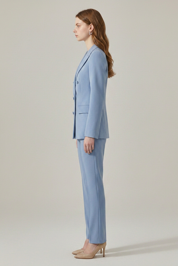 Linen Pantsuit Women Double Breasted | Notch Lapel and Straight Leg in Blue#colour_blue