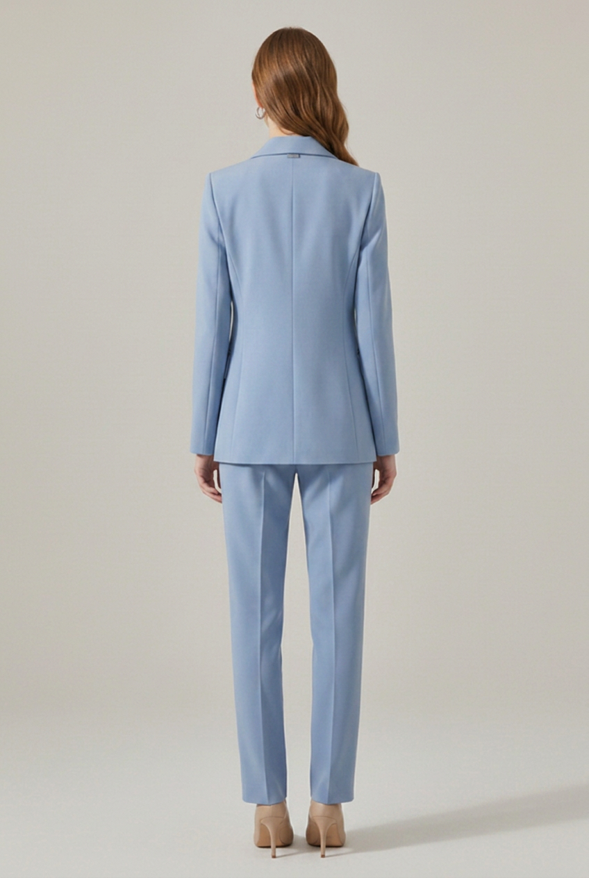 Linen Pantsuit Women Double Breasted | Notch Lapel and Straight Leg in Blue#colour_blue