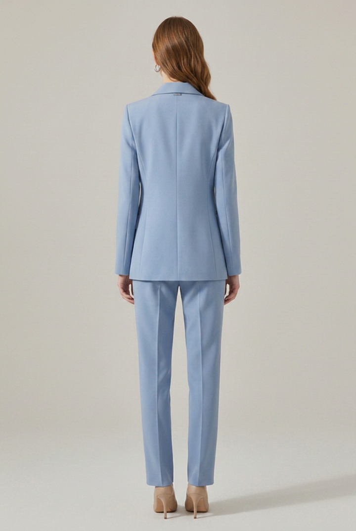 Linen Pantsuit Women Double Breasted | Notch Lapel and Straight Leg in Blue#colour_blue