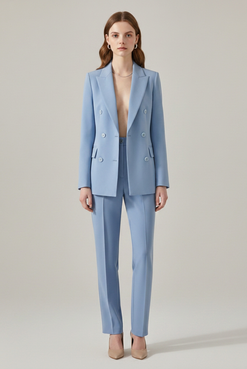 Linen Pantsuit Women Double Breasted | Notch Lapel and Straight Leg in Blue#colour_blue