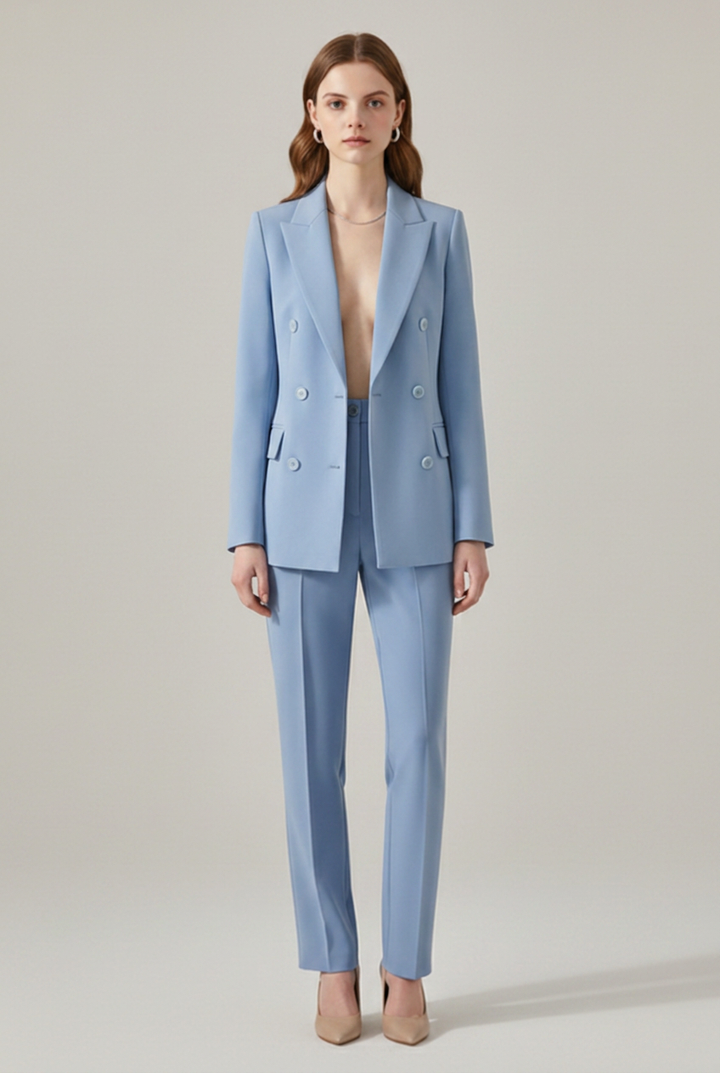 Linen Pantsuit Women Double Breasted | Notch Lapel and Straight Leg in Blue#colour_blue
