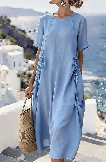 Summer Dresses Women Relaxed | Short Sleeves and Patch Pockets in Light Blue#colour_light-blue