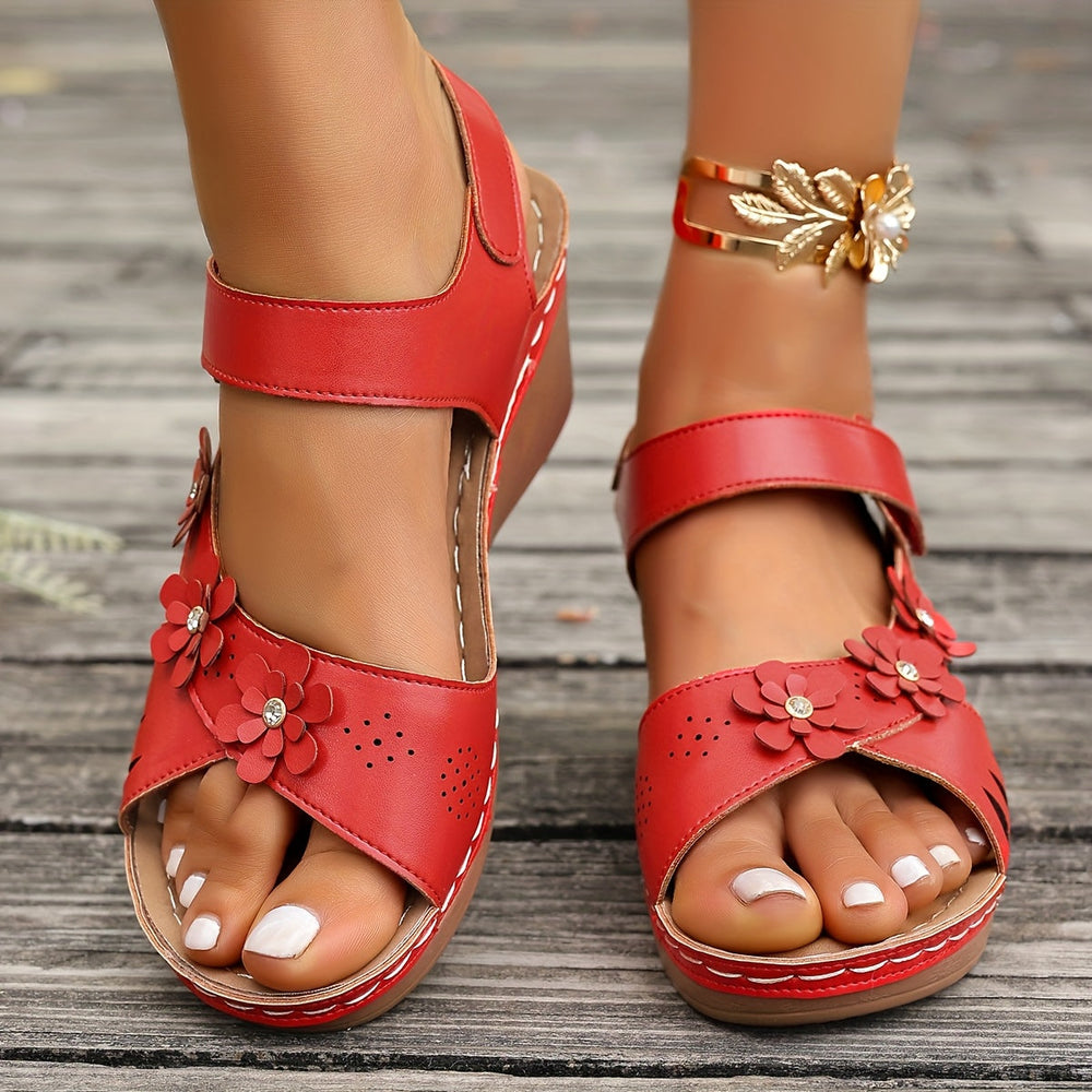 White Sandals Women with Floral Detail | Wedge Heel and Wide Straps in Red#colour_red