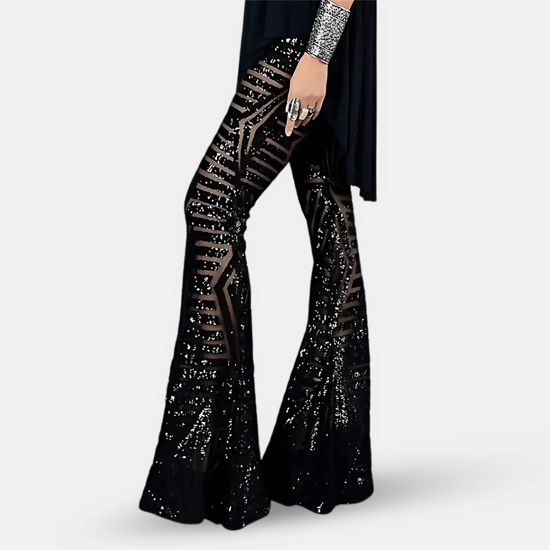 Flare Pants Women Sequin | High Waist and Flared Hem in Black#colour_black
