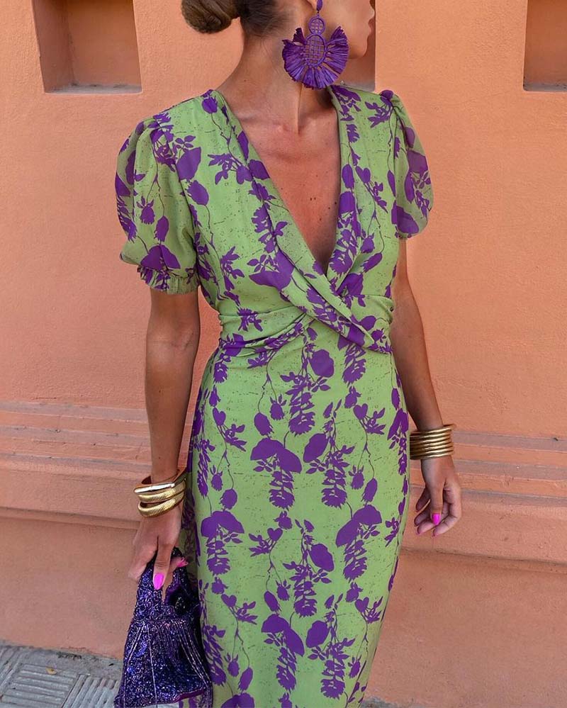 Green Dress Women Pleated | Floral Print and V Neck in Green#colour_green