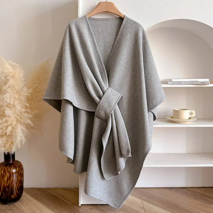 Poncho Women Windproof | Shawl Collar and Belt in Grey#colour_grey