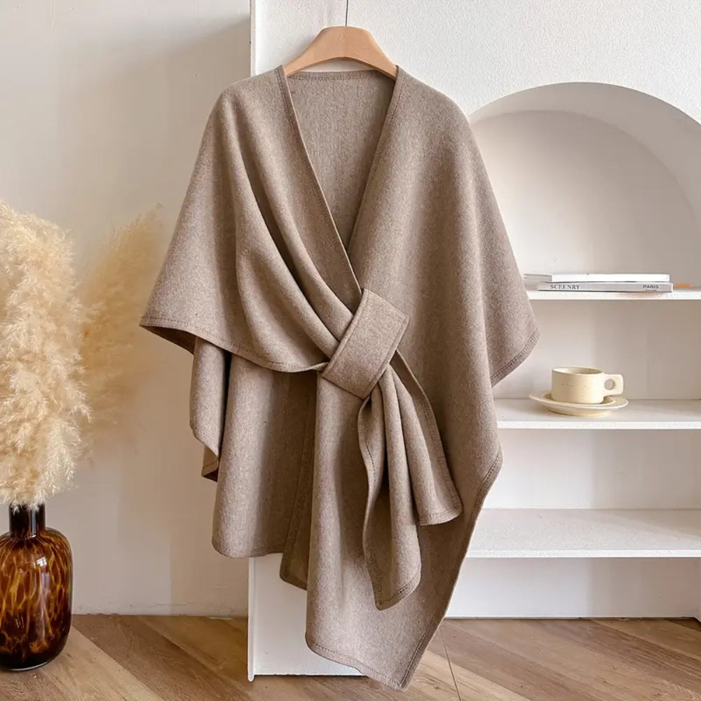 Poncho Women Windproof | Shawl Collar and Belt in Taupe#colour_taupe