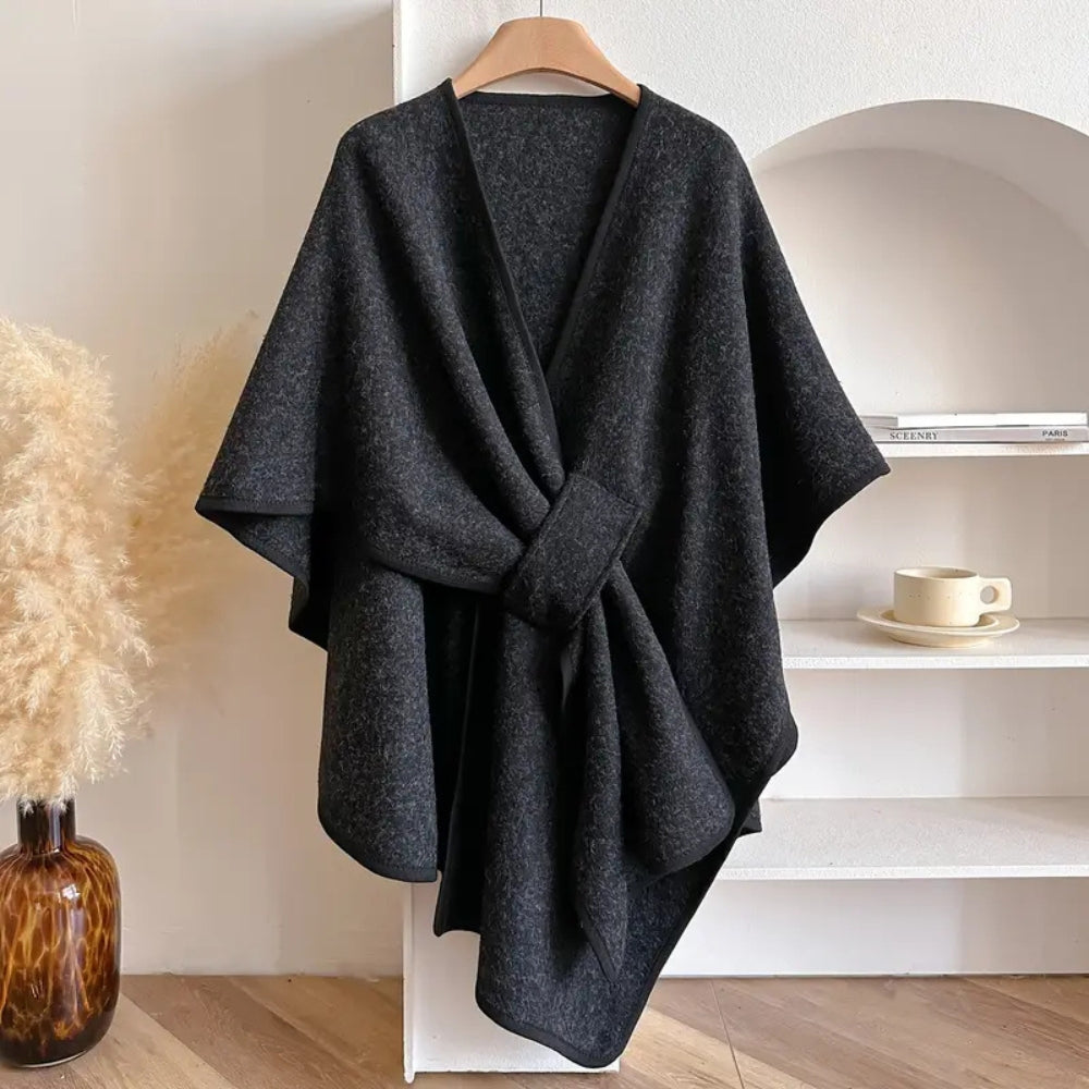 Poncho Women Windproof | Shawl Collar and Belt in Black#colour_black