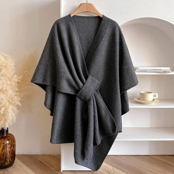 Poncho Women Windproof | Shawl Collar and Belt in Charcoal#colour_charcoal