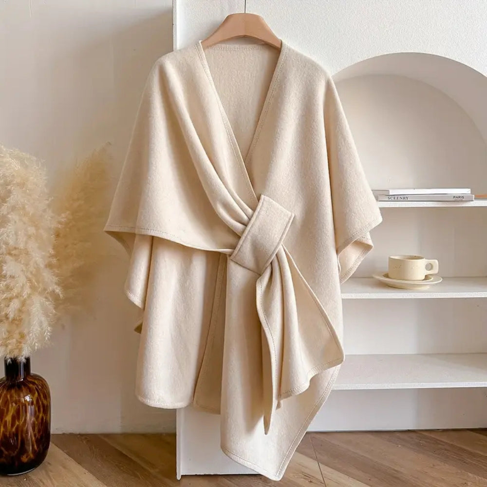 Poncho Women Windproof | Shawl Collar and Belt in Cream#colour_cream