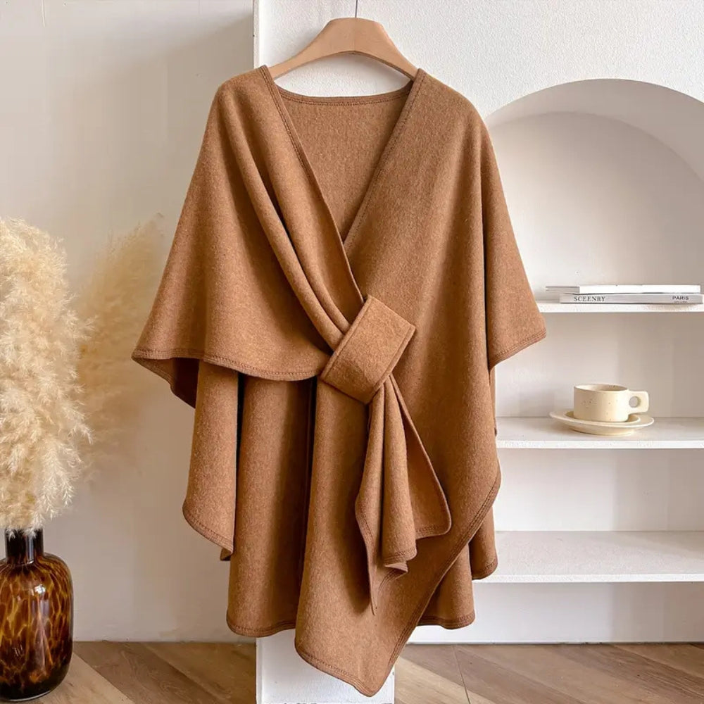 Poncho Women Windproof | Shawl Collar and Belt in Khaki#colour_khaki