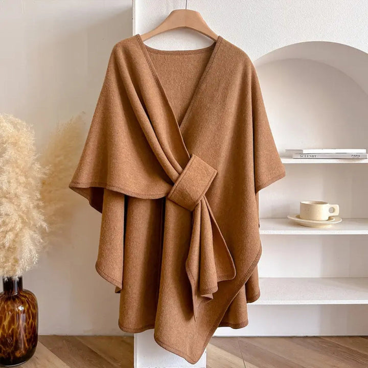 Poncho Women Windproof | Shawl Collar and Belt in Khaki#colour_khaki