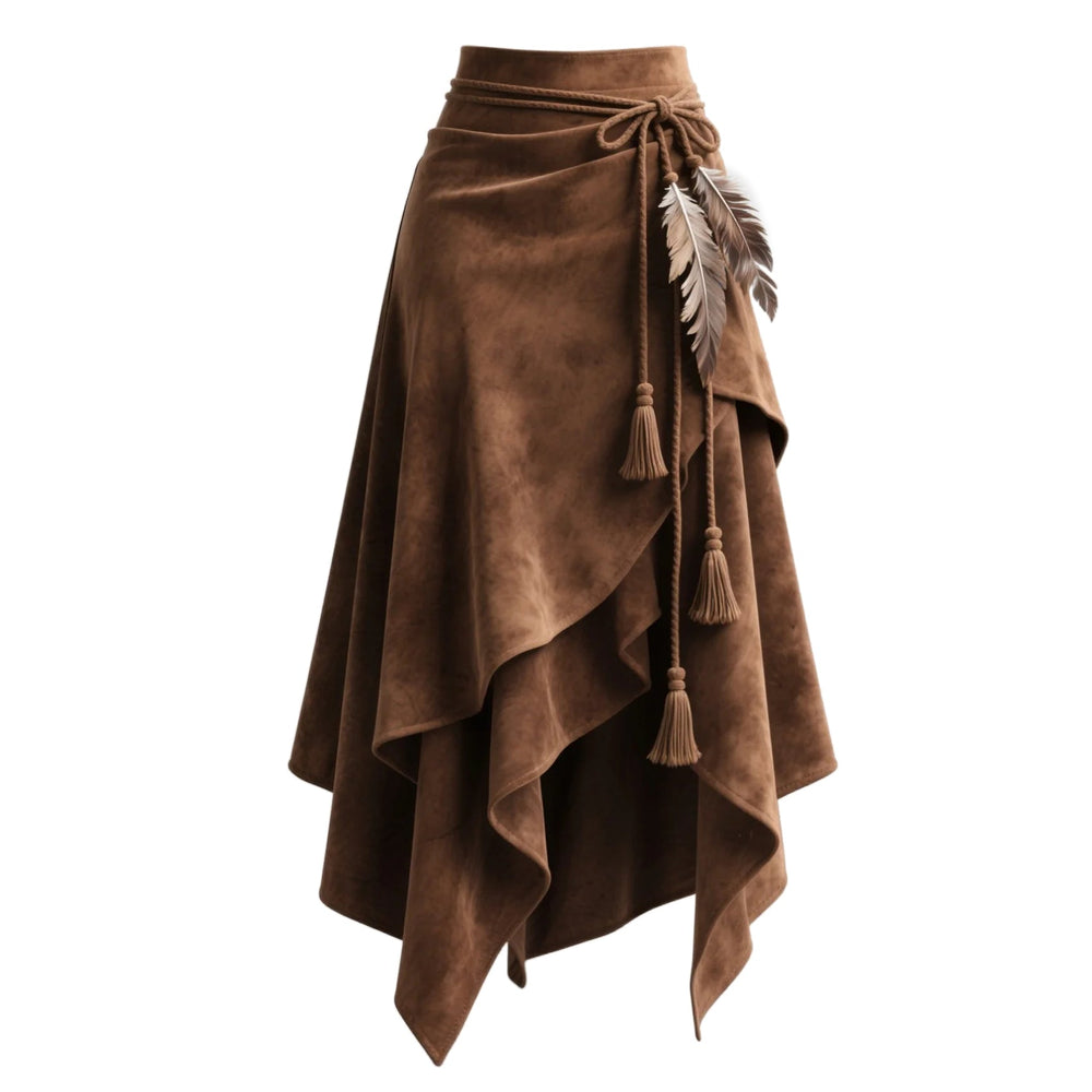 Maxi Skirts Women Wrap Front | Tassel Tie and Handkerchief Hem in Brown#colour_brown