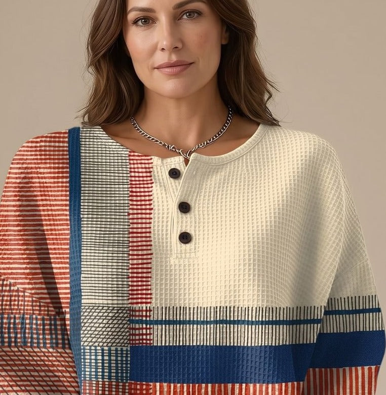 Knit Sweater Women Colourblock | Henley Neck and Waffle Texture in Multicolour#colour_multicolour