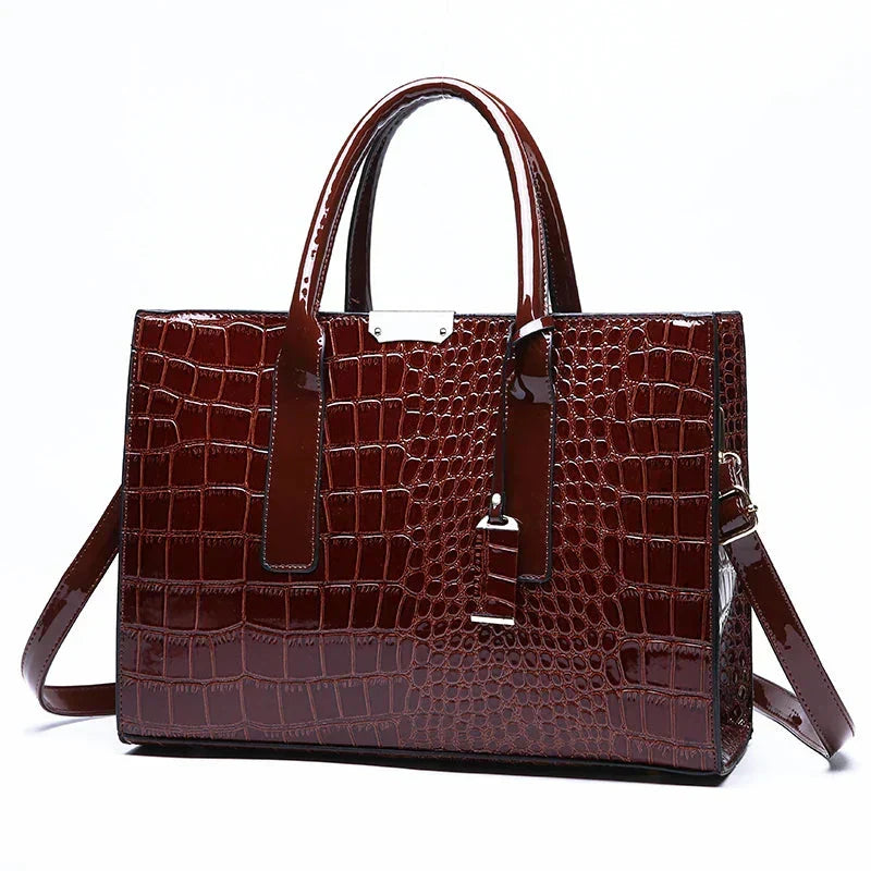 Leather Handbags Women Croc Embossed | Structured Shape and Strap in Chocolate#colour_chocolate