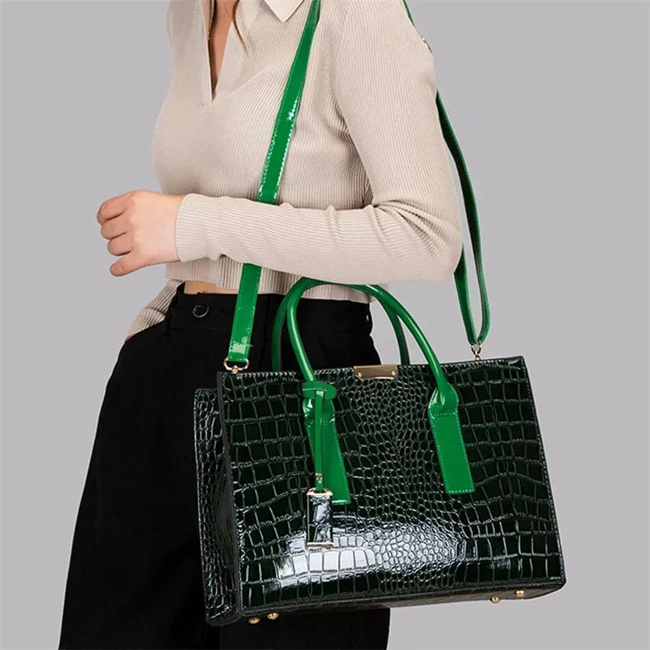 Leather Handbags Women Croc Embossed | Structured Shape and Strap in Green#colour_green