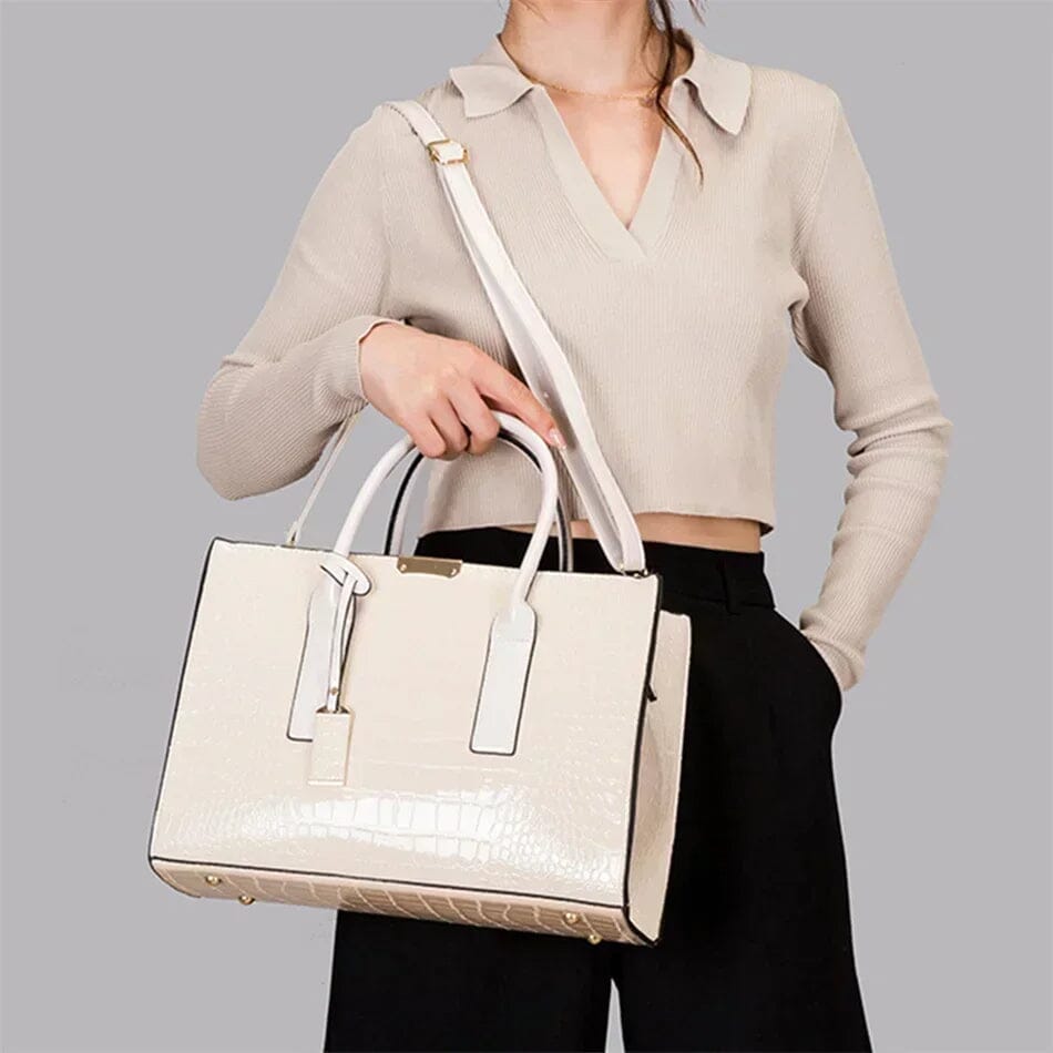 Leather Handbags Women Croc Embossed | Structured Shape and Strap in White#colour_white