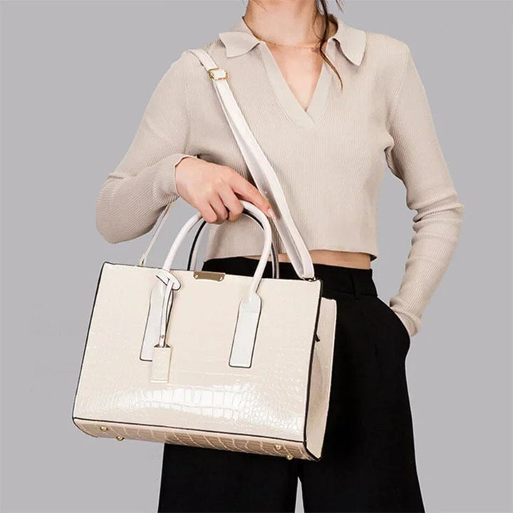 Leather Handbags Women Croc Embossed | Structured Shape and Strap in White#colour_white
