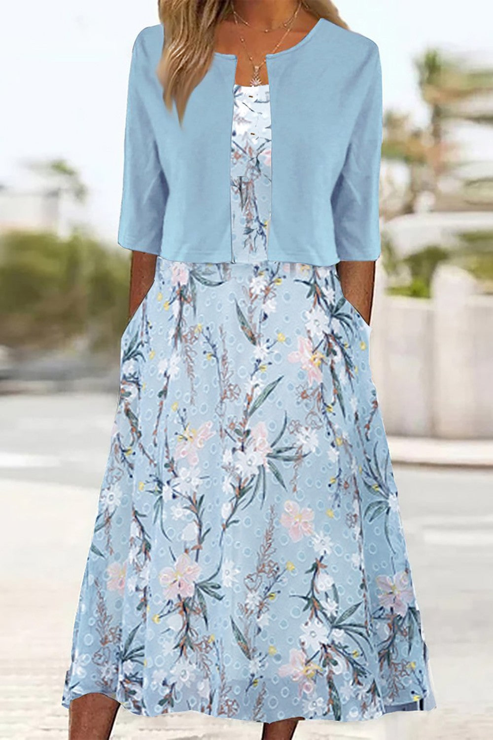 Longsleeve Dress Women with Midi Length in Light Blue#colour_light-blue