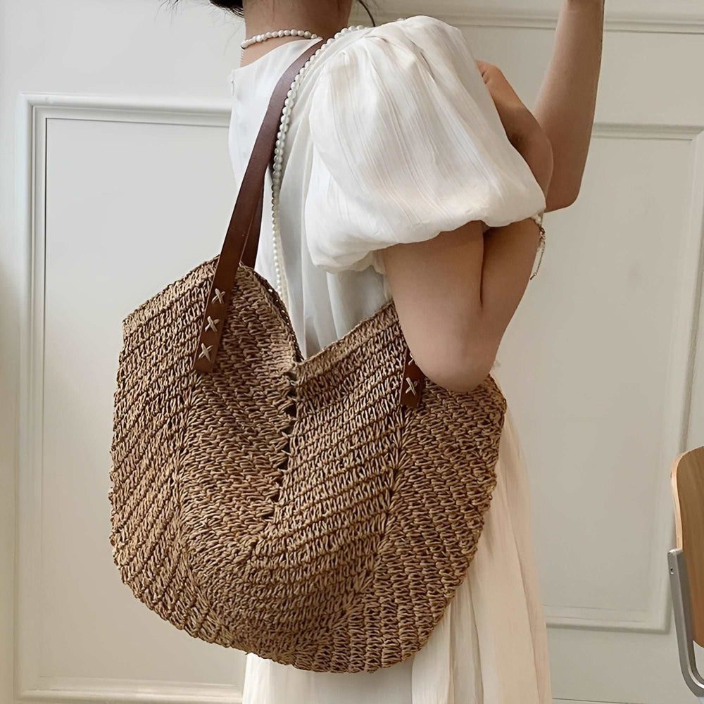 Beach Bag Women Woven | Shoulder Tote and Open Top in Brown#colour_brown