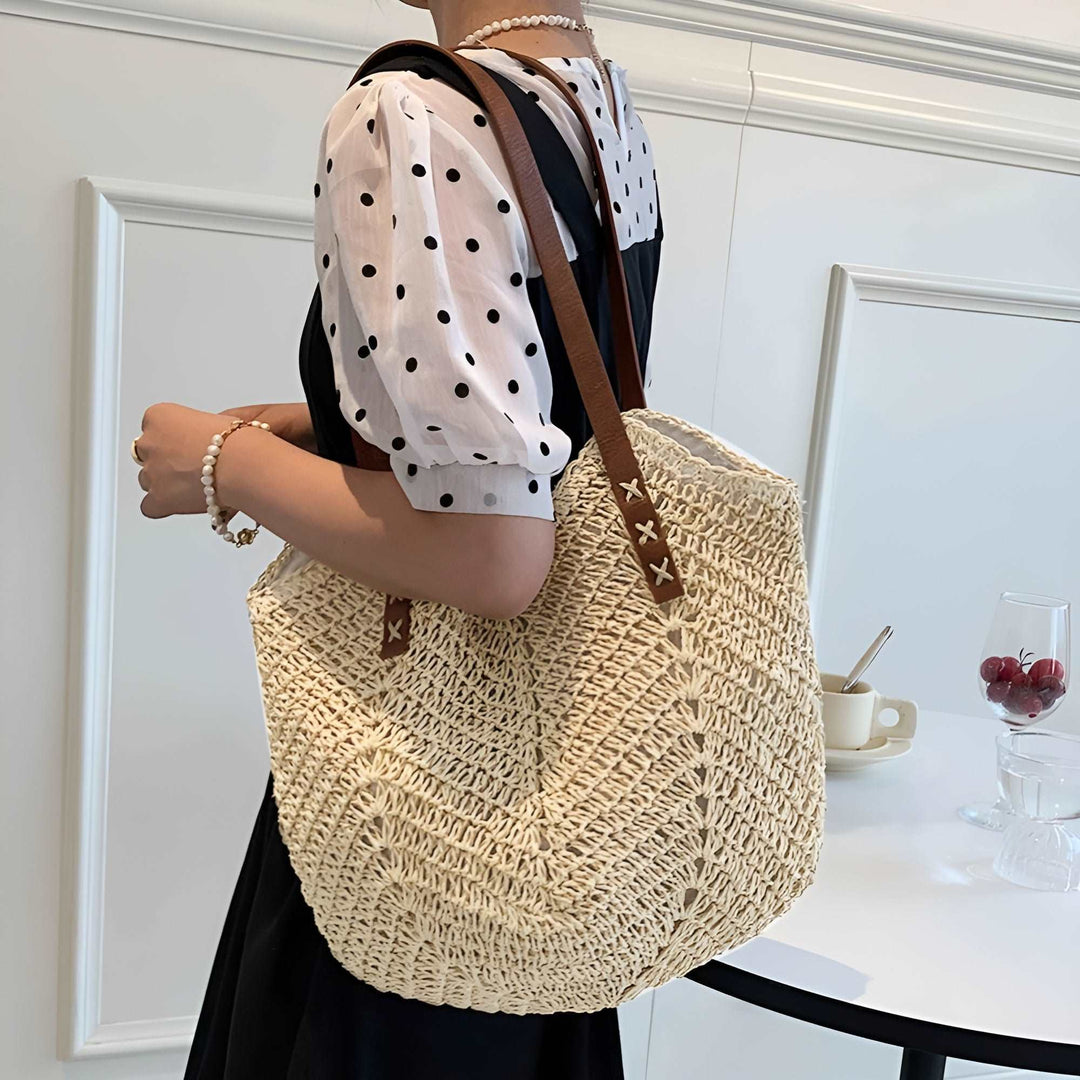 Beach Bag Women Woven | Shoulder Tote and Open Top in Beige#colour_beige