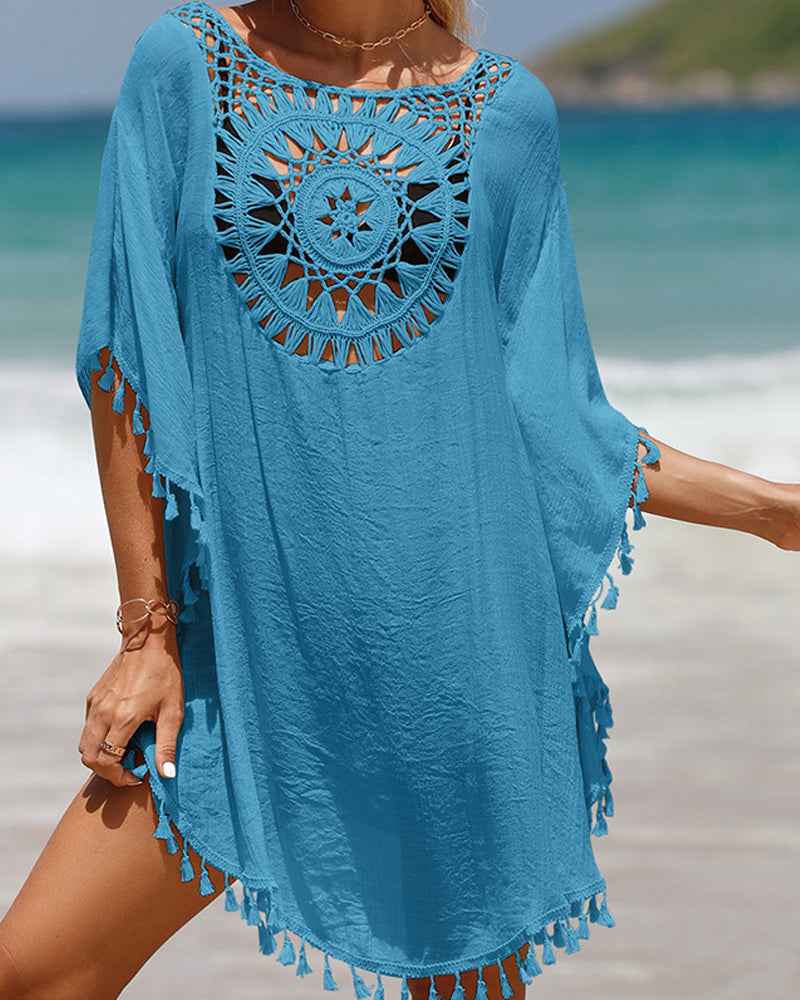 Sarong Women Crochet Trim | Tassel Hem and Loose Cut in Blue#colour_blue
