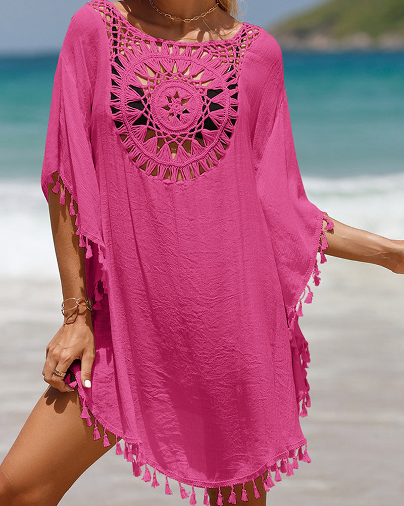 Sarong Women Crochet Trim | Tassel Hem and Loose Cut in Pink#colour_pink