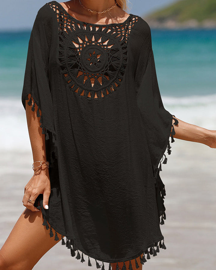 Sarong Women Crochet Trim | Tassel Hem and Loose Cut in Black#colour_black