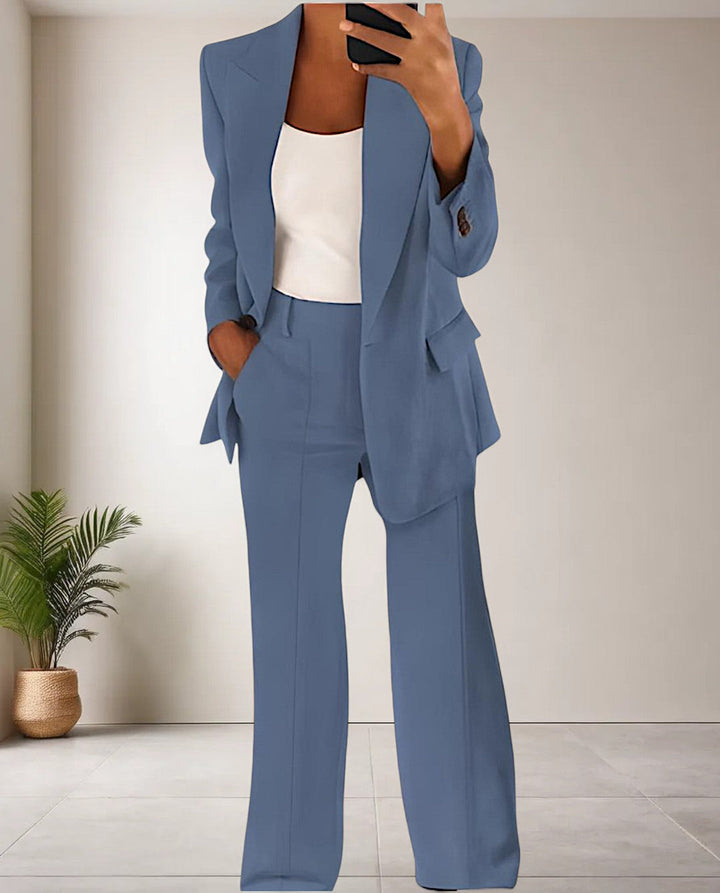 Linen Pantsuit Women Two Piece | Open Blazer and Straight Trousers in Light Blue#colour_light-blue