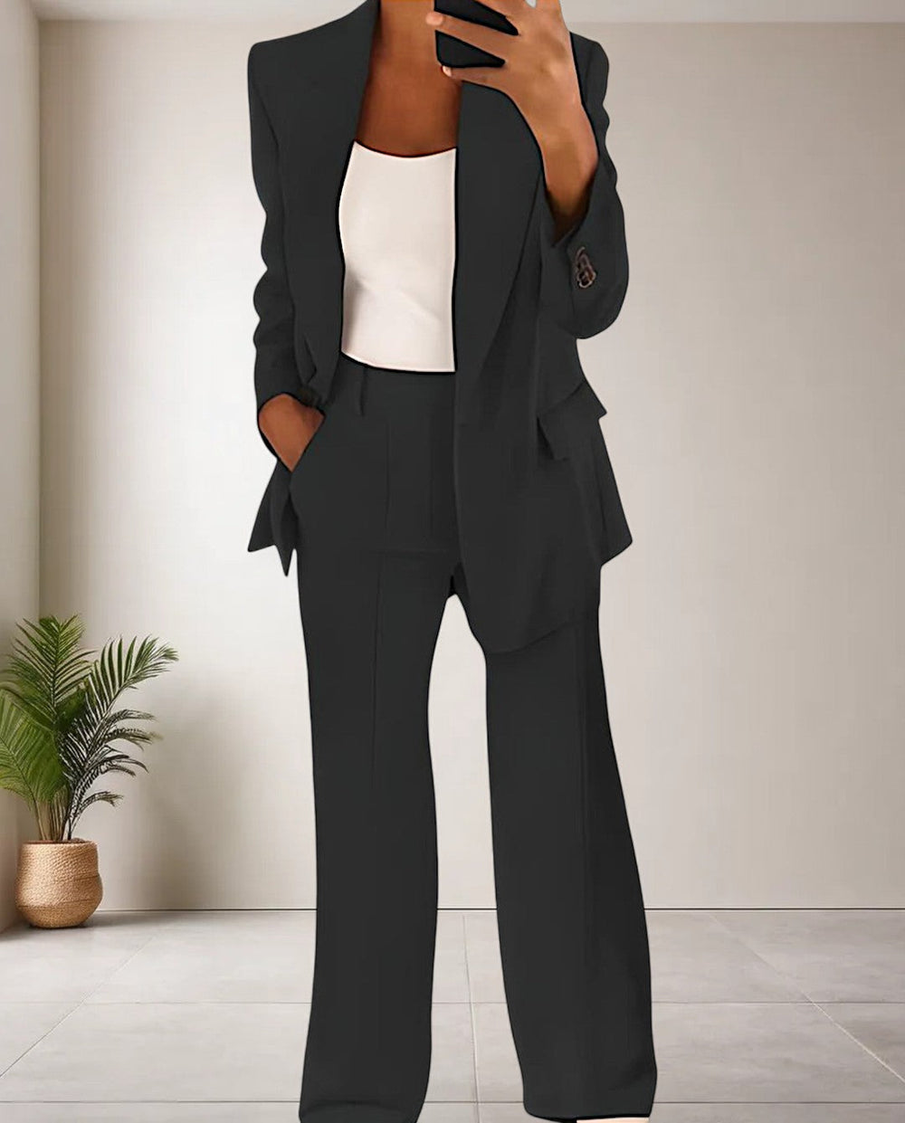 Linen Pantsuit Women Two Piece | Open Blazer and Straight Trousers in Black#colour_black