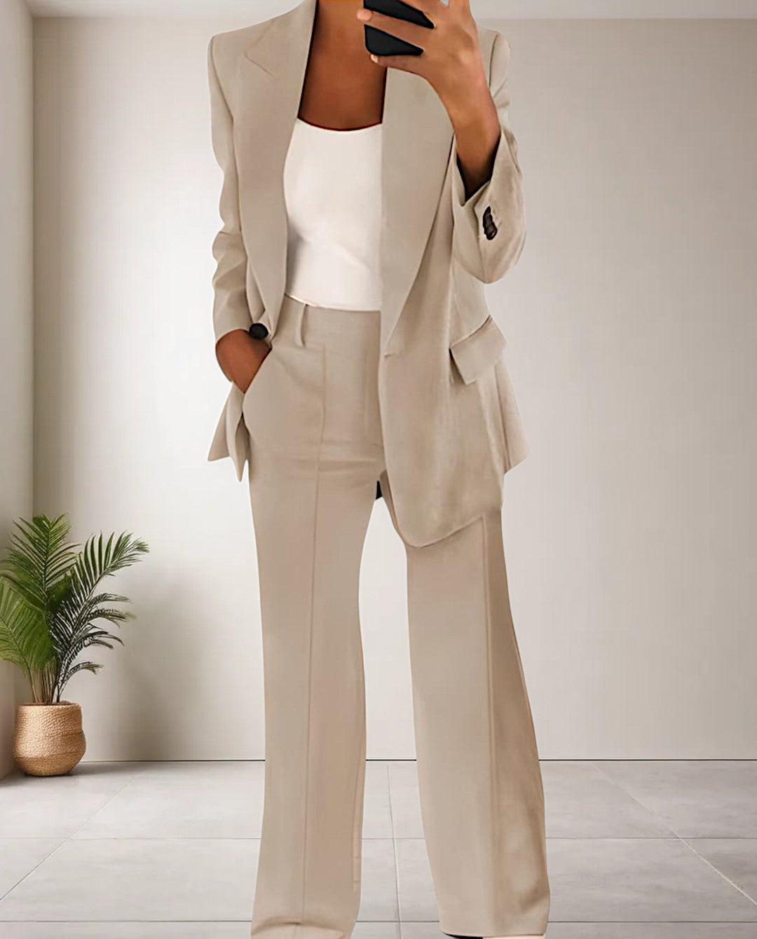 Linen Pantsuit Women Two Piece | Open Blazer and Straight Trousers in Beige#colour_beige