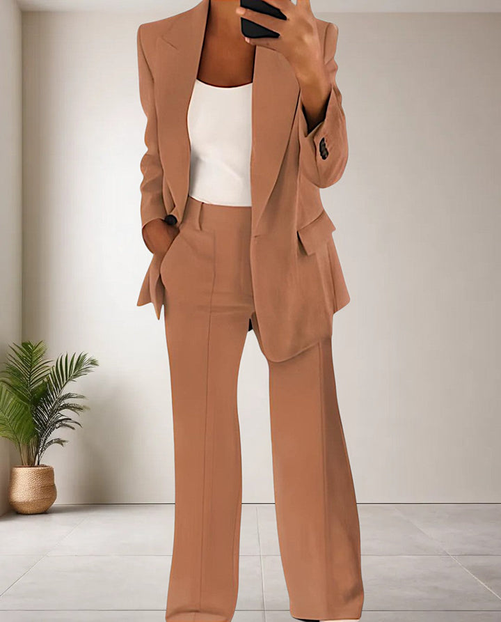 Linen Pantsuit Women Two Piece | Open Blazer and Straight Trousers in Brown#colour_brown
