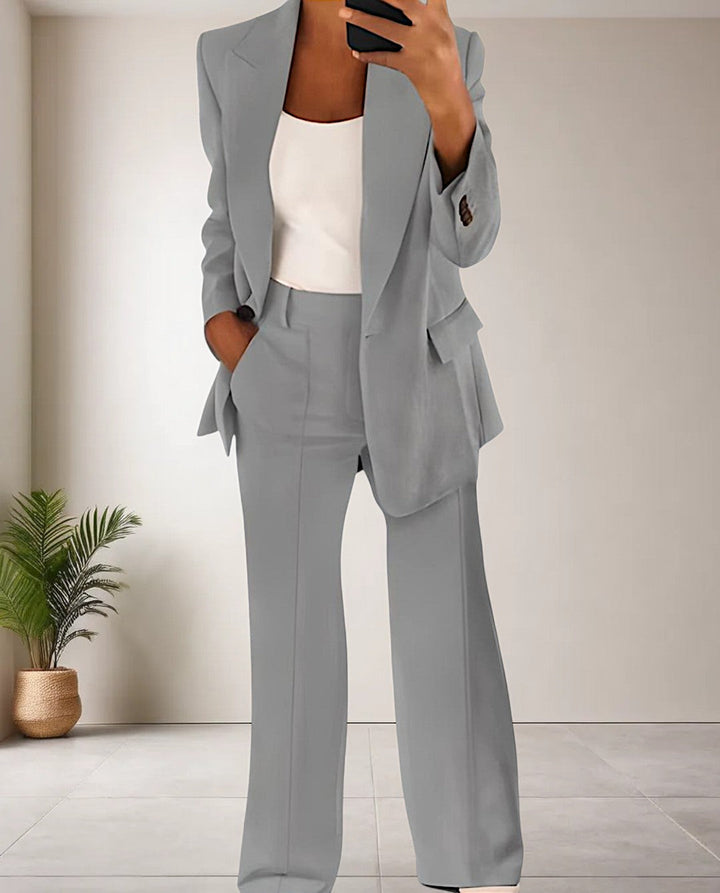 Linen Pantsuit Women Two Piece | Open Blazer and Straight Trousers in Grey#colour_grey