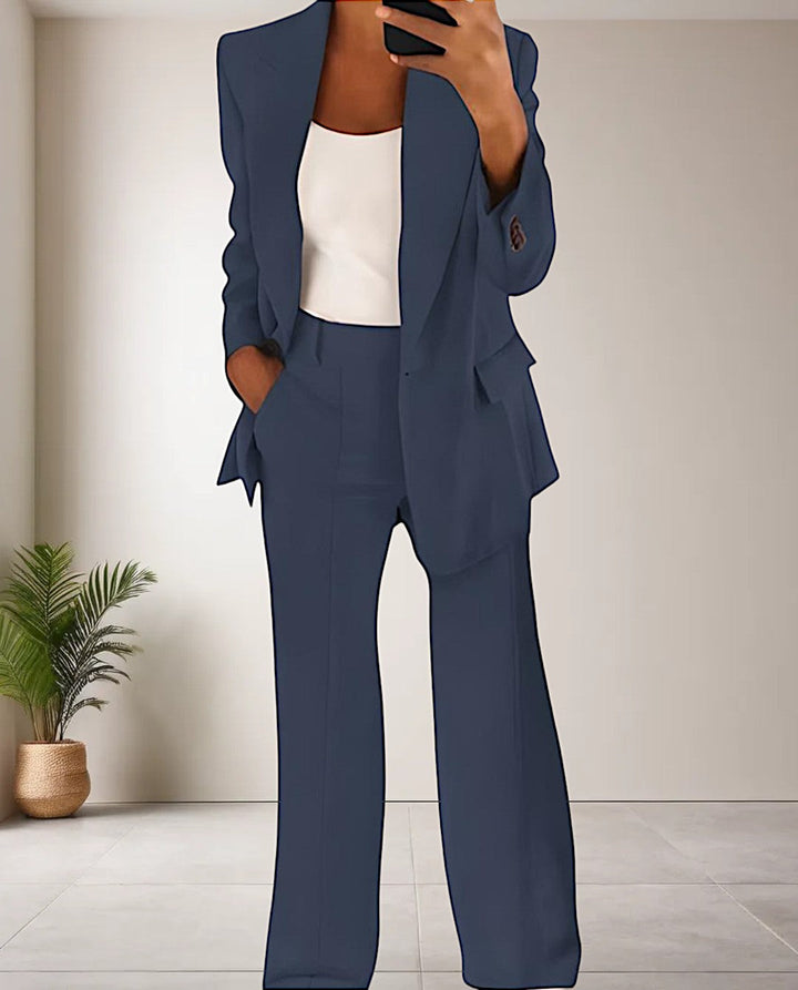 Linen Pantsuit Women Two Piece | Open Blazer and Straight Trousers in Navy#colour_navy