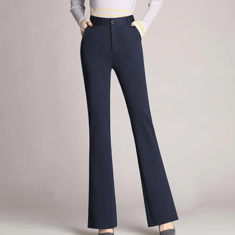 Dress Pants Women High Waist | Flared Leg and Back Zip in Navy#colour_navy