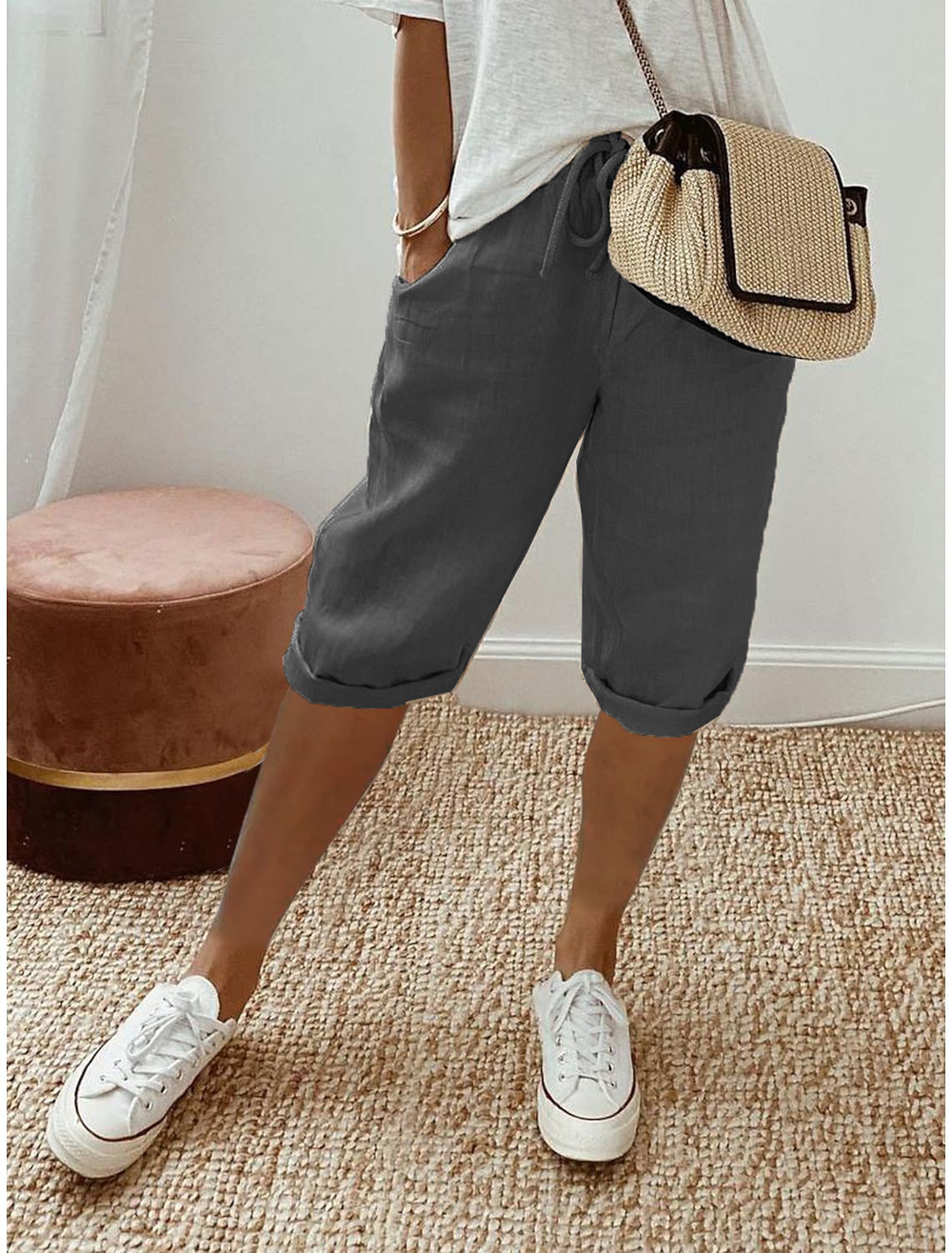 Capri Pants Women Relaxed Fit | Drawstring Waist and Turn Up Hem in Charcoal#colour_charcoal