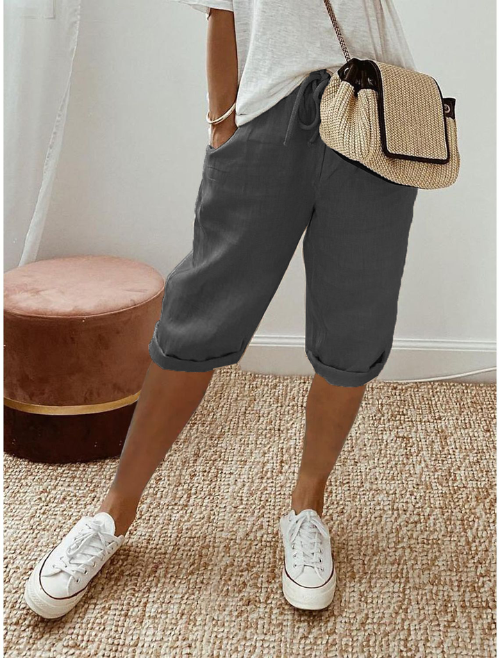 Capri Pants Women Relaxed Fit | Drawstring Waist and Turn Up Hem in Charcoal#colour_charcoal