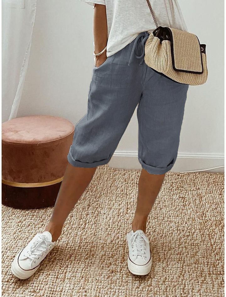 Capri Pants Women Relaxed Fit | Drawstring Waist and Turn Up Hem in Grey#colour_grey