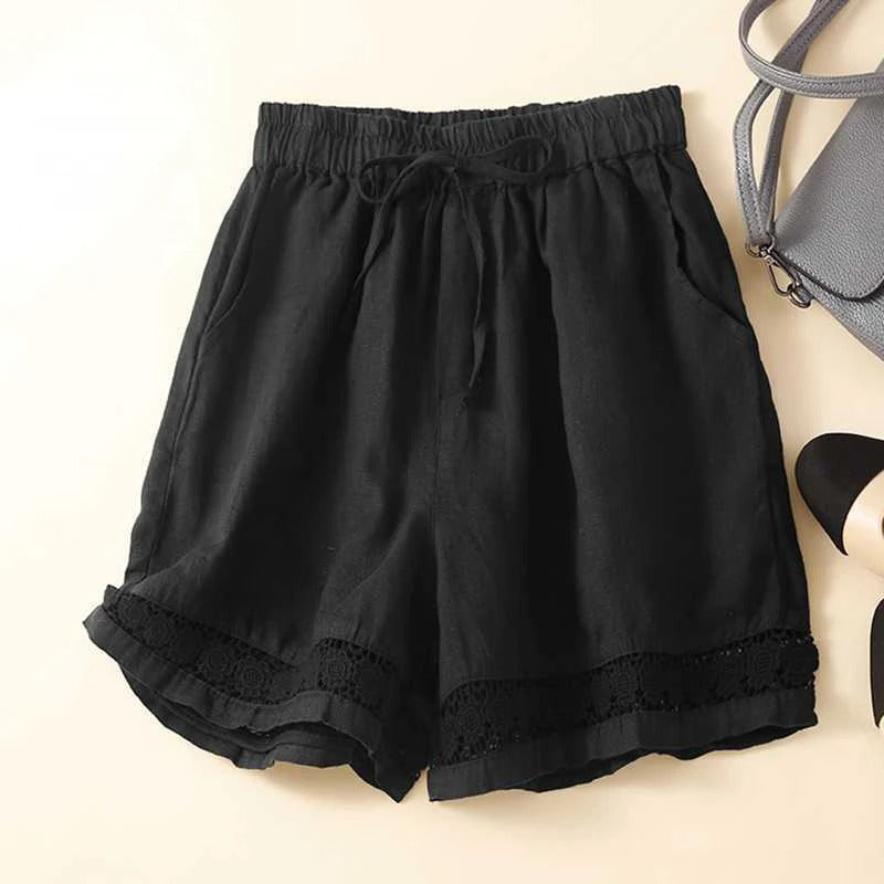 White Shorts Women Embroidered | Relaxed Fit and Elastic Waist in Black#colour_black