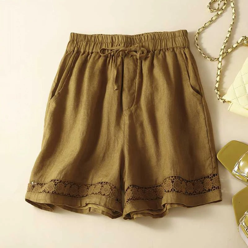 White Shorts Women Embroidered | Relaxed Fit and Elastic Waist in Khaki#colour_khaki