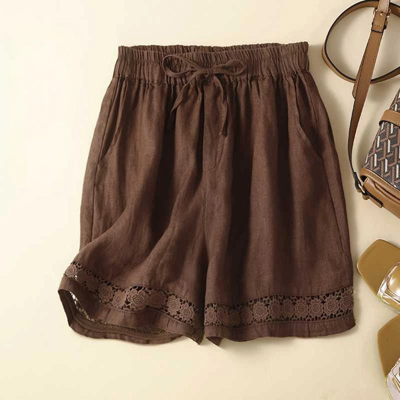 White Shorts Women Embroidered | Relaxed Fit and Elastic Waist in Brown#colour_brown