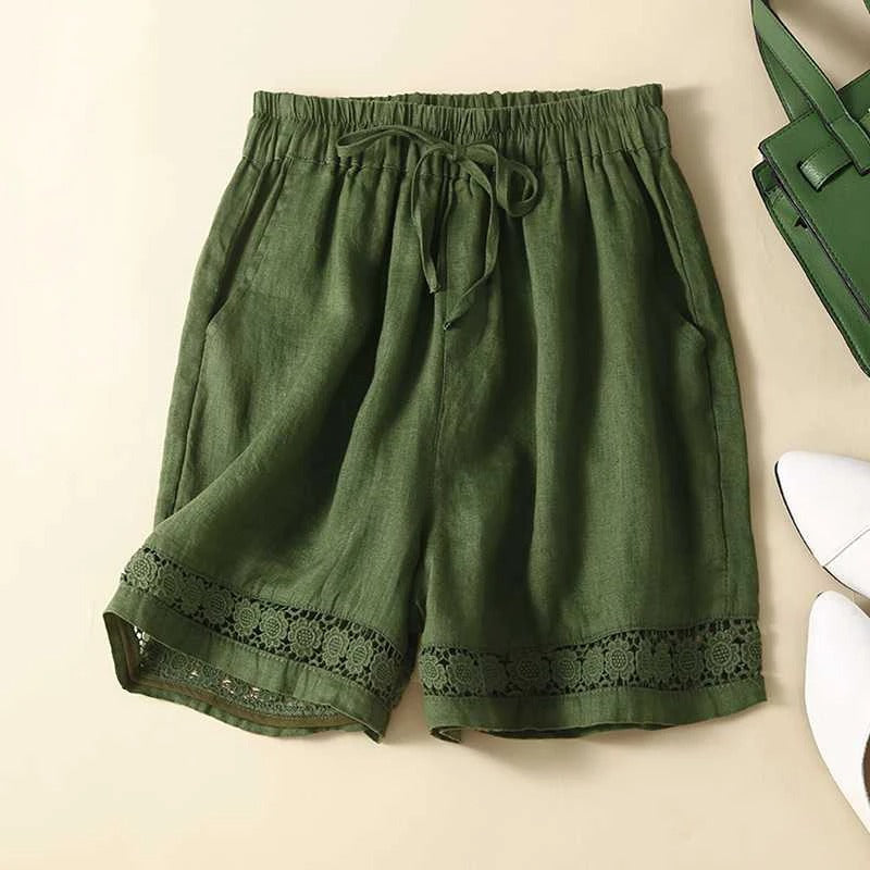 White Shorts Women Embroidered | Relaxed Fit and Elastic Waist in Green#colour_green