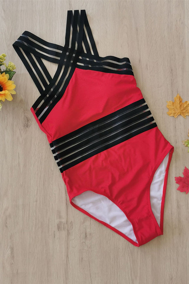 One Piece Swimsuit Women Strappy | Monokini Cut and Open Back in Red#colour_red