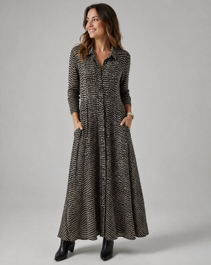 Shirt Dress Women V Neck | Relaxed Fit and Maxi Length in Black#colour_black