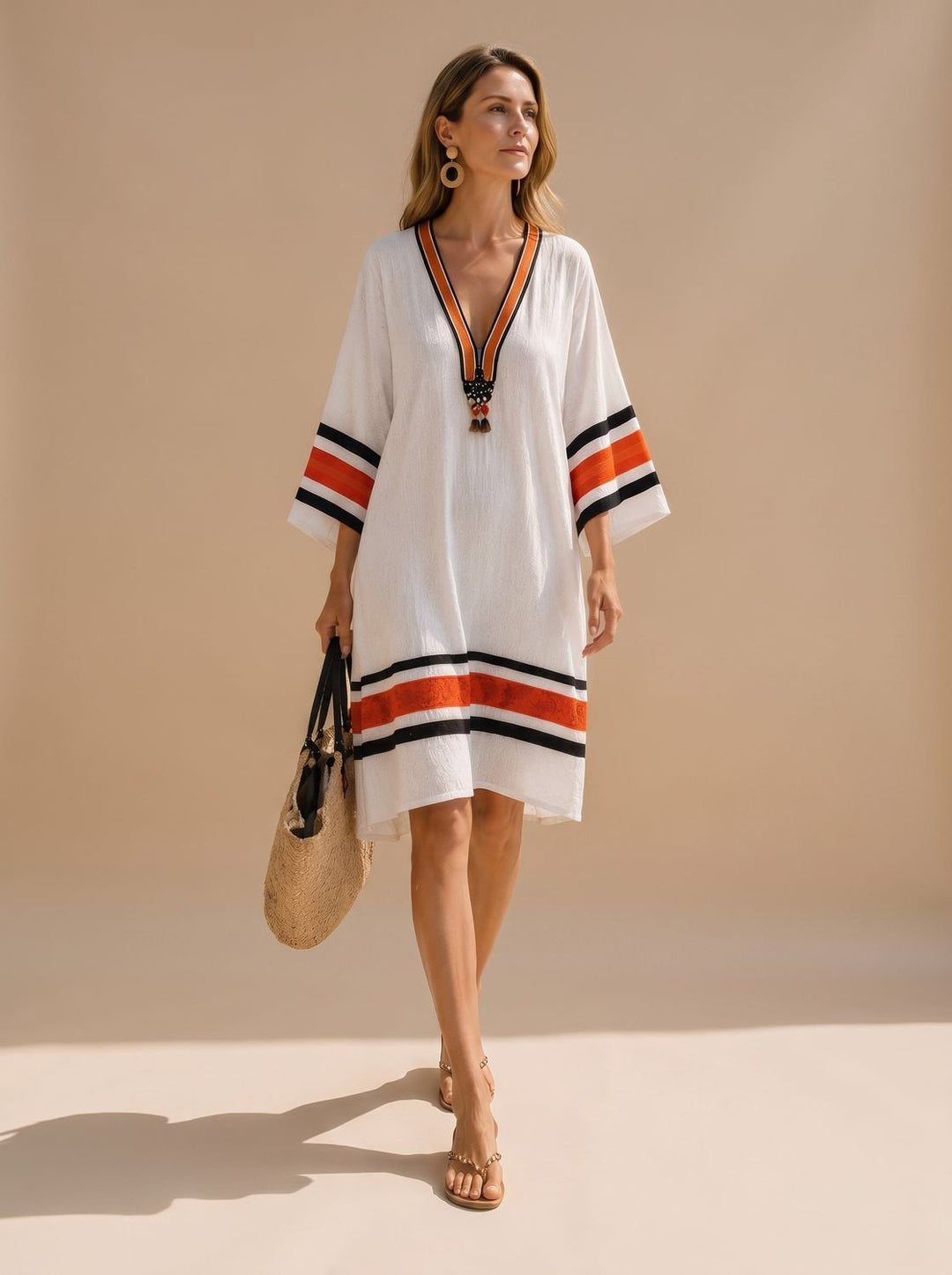 Midi Sundress Women V Neck | Tassel Trim and Kaftan Cut in White#colour_white