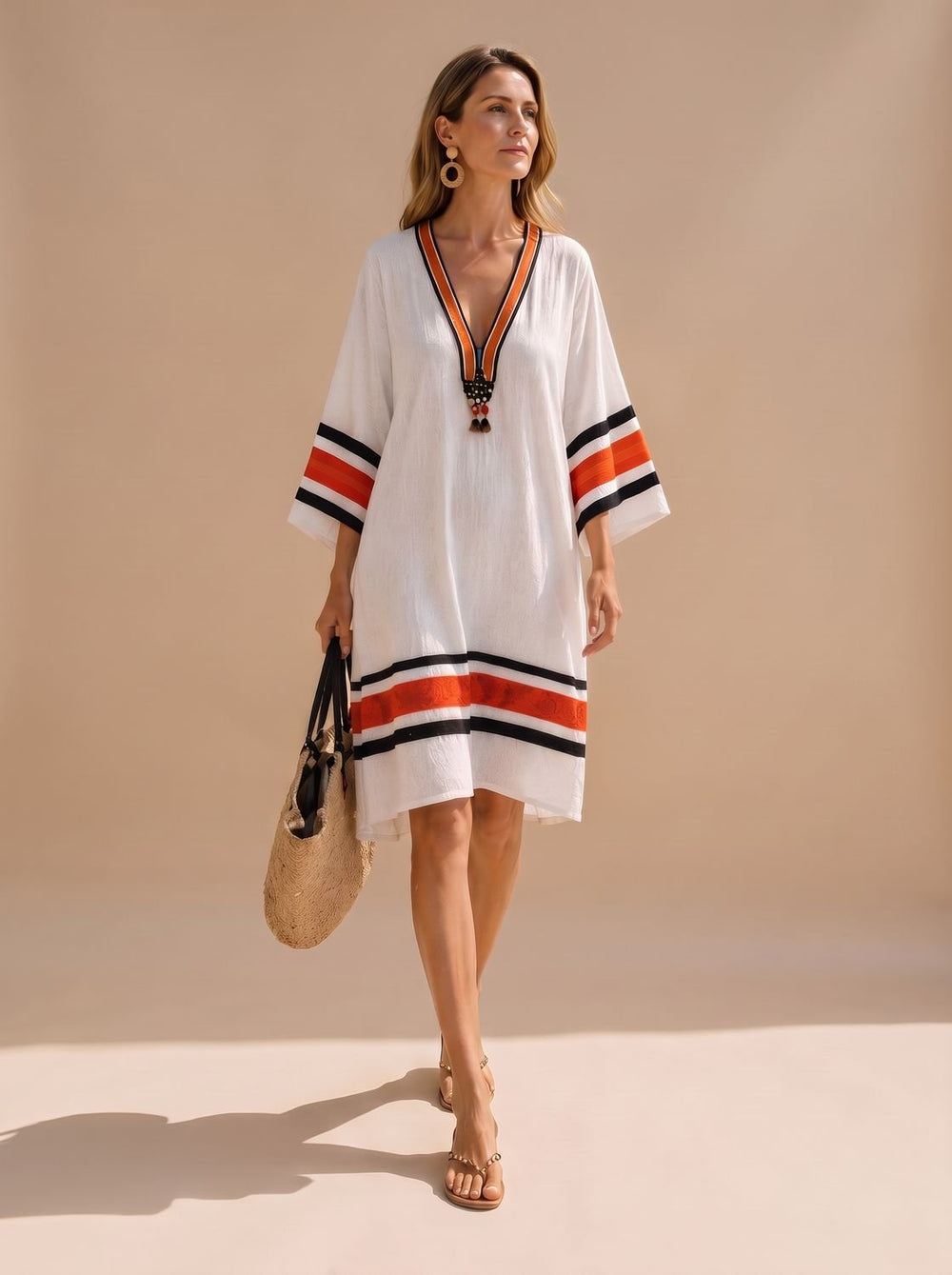 Midi Sundress Women V Neck | Tassel Trim and Kaftan Cut in White#colour_white